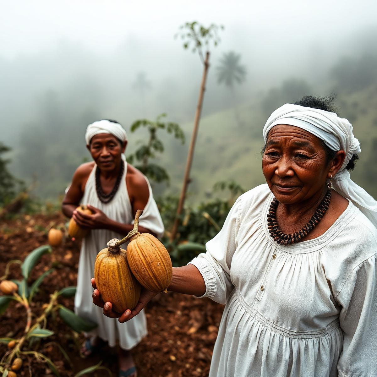 Cultivadores arhuacos con mazorcas de cacao en la Sierra Nevada de Santa Marta