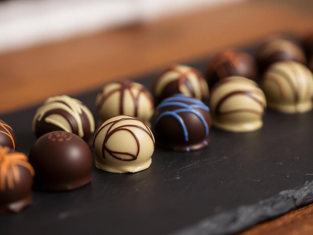 Fotografía de producto: Bombones y confitería fina de cacao colombiano, primer plano sobre superficie natural
