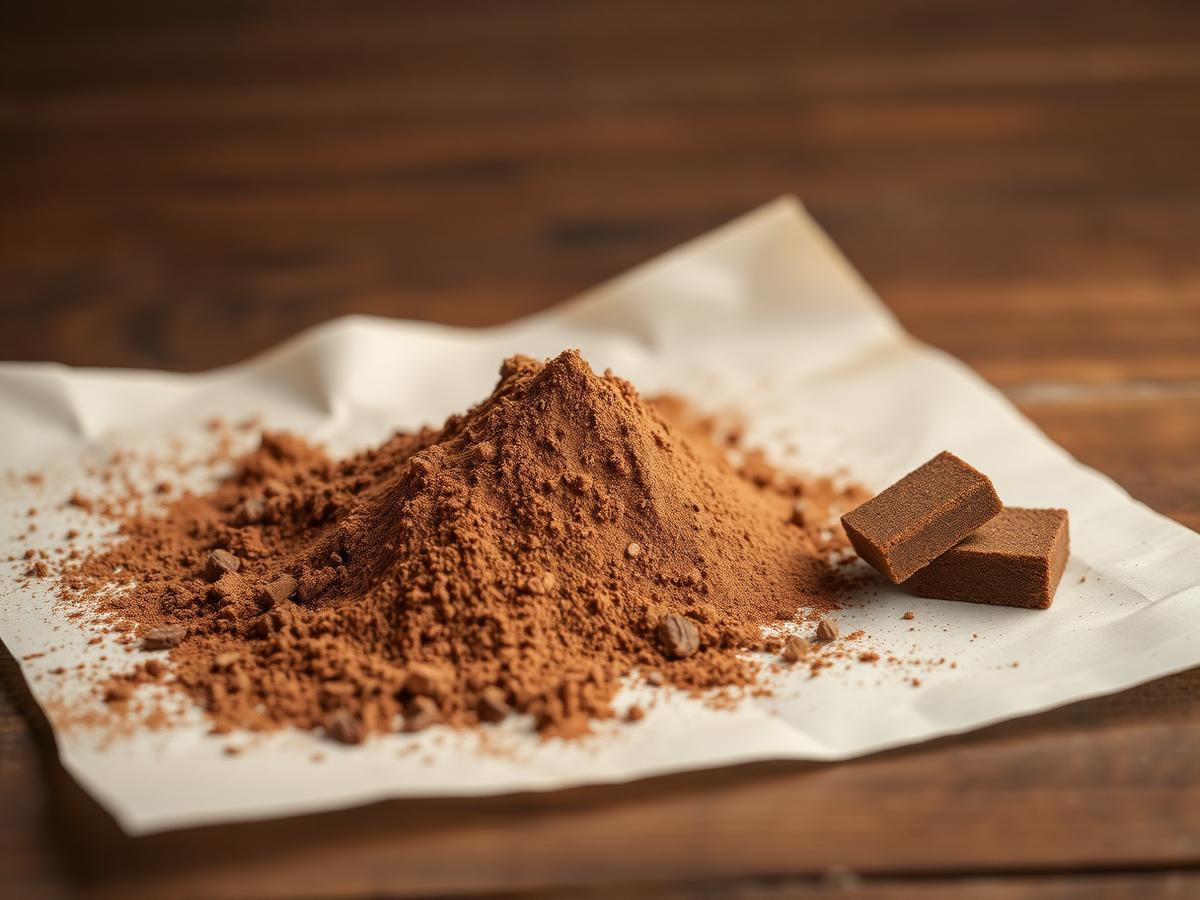 Fotografía de producto: Torta y polvo de cacao de cacao colombiano, primer plano sobre superficie natural