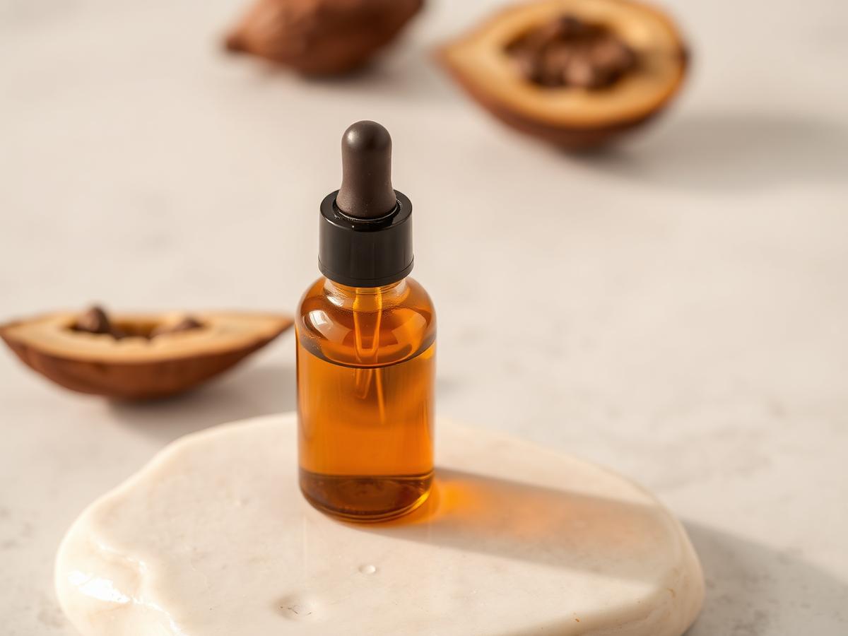 Fotografía de producto: Aceite y extractos de cacao de cacao colombiano, primer plano sobre superficie natural