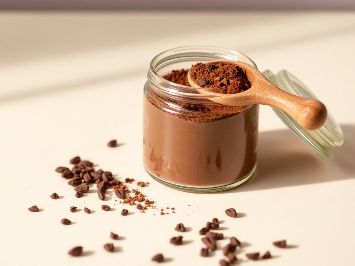 Fotografía de producto: Suplementos y polvos funcionales de cacao colombiano, primer plano sobre superficie natural