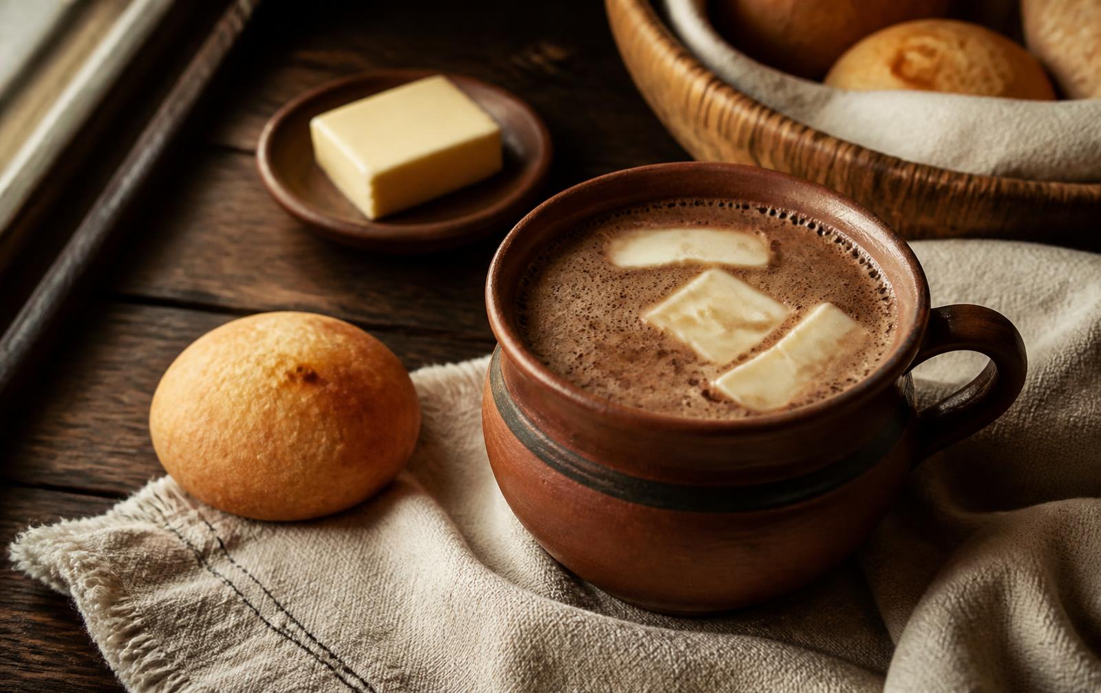 Taza de barro con chocolate santafereño, queso y almojábana