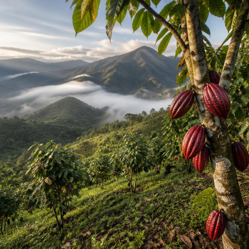 Cultivo de cacao en Antioquia: productores cosechando mazorcas entre árboles de sombra
