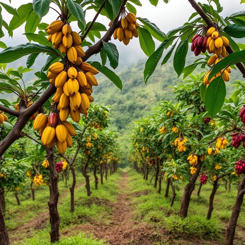 Paisaje cacaotero de Cauca: finca de cacao con mazorcas maduras y montañas al fondo