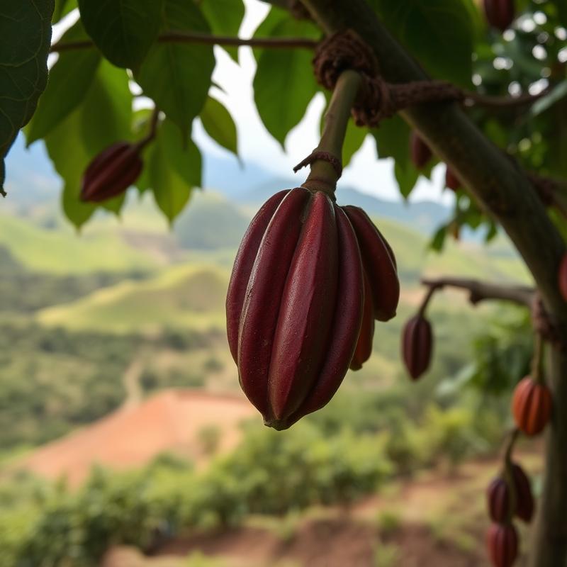 Paisaje cacaotero de Cundinamarca: finca de cacao con mazorcas maduras y montañas al fondo
