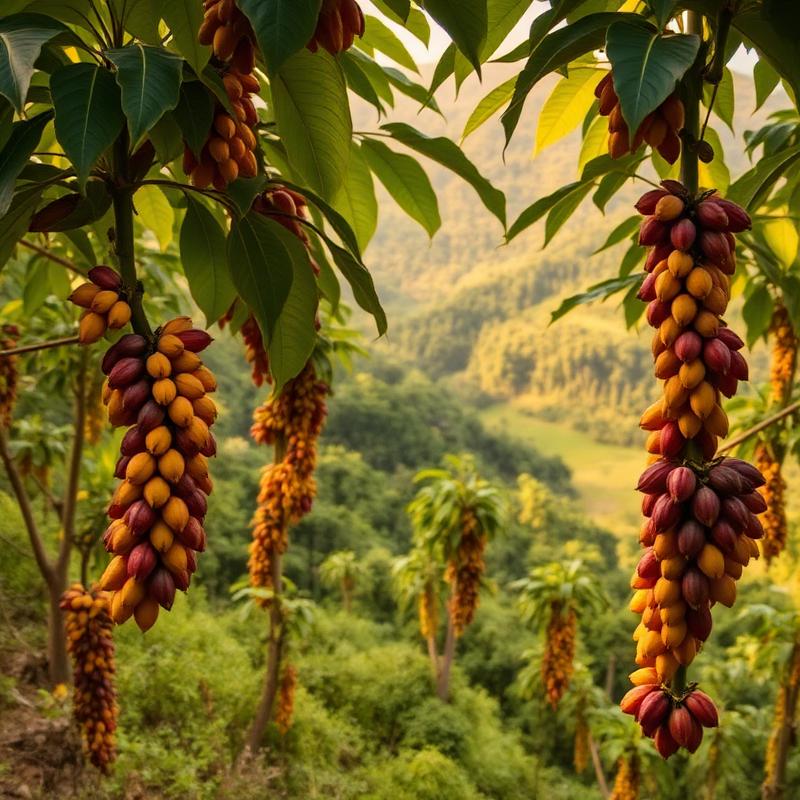 Paisaje cacaotero de Huila: finca de cacao con mazorcas maduras y montañas al fondo