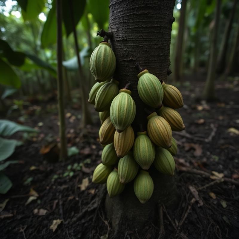 Paisaje cacaotero de Tumaco: finca de cacao con mazorcas maduras y montañas al fondo